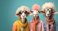 Group of sheep lamb in funky Wacky wild mismatch colourful outfits isolated on bright background advertisement Royalty Free Stock Photo