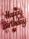 Happy Birthday written with chocolate on melted chocolate background, brown and pastel pink colors., flowers and hearts. Royalty Free Stock Photo
