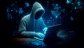 Abstract hacker with laptop on dark during cyber attack and cyber security, hacks computer network. Generated AI Royalty Free Stock Photo