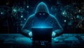 Abstract hacker with laptop on dark during cyber attack and cyber security, hacks computer network. Generated AI Royalty Free Stock Photo