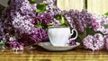 A bouquet of purple lilac flowers and a white vintage cup of coffee with a spoon on a wooden background. Royalty Free Stock Photo