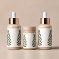 3d render of cosmetic bottles with green leaves on beige background Royalty Free Stock Photo