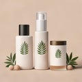 3d render of cosmetic bottles with green leaves on beige background Royalty Free Stock Photo