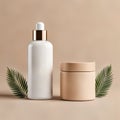 3d render of cosmetic bottles with green leaves on beige background Royalty Free Stock Photo
