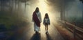 Jesus walking side by side with a cute child girl. Royalty Free Stock Photo