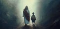 Jesus walking side by side with a cute child boy. Royalty Free Stock Photo