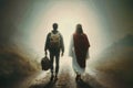 Jesus walking side by side with a young African american teen guy. Royalty Free Stock Photo