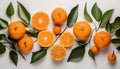 AI-generated Top View of Tangerine Halves and Wholes with Leaves on White Background Royalty Free Stock Photo