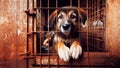 Sad stray homeless dog in an animal shelter cage. An old rusty cage cage in a homeless animal shelter. Generated AI.