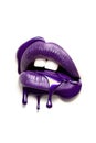 Shiny Lips with Dripping Starry Gloss. sensual lips with glossy dripping purple lipstick Royalty Free Stock Photo
