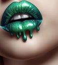 Sensual Lips with Glittering Metallic Gloss. sensual lips with glossy dripping green lipstick Royalty Free Stock Photo