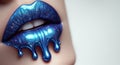 Glossy Lips with Metallic Starry Shine. sensual lips with glossy dripping blue lipstick Royalty Free Stock Photo