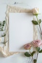 Pink roses. Floral elements. White background. White blank wedding invitation mockup Royalty Free Stock Photo