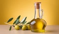 AI-generated Bottle of Olive Oil with Fresh Olives and Leaves in Container on Yellow Background