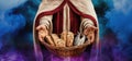 Basket of bread and fish with Jesus\' hand holding and colorful smoke around Royalty Free Stock Photo