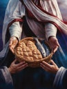 Jesus holding a basket with fish and bread. Biblical-themed artwork featuring fish and bread Royalty Free Stock Photo