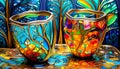 An artistic generated image of two inlayed drinking glasses with colour ink infills Royalty Free Stock Photo