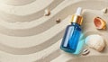 AI-generated Anti-Aging Serum with Collagen and Peptides in Blue Glass Bottle on Smooth Sand Royalty Free Stock Photo