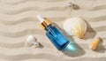 AI-generated Anti-Aging Serum with Collagen and Peptides in Blue Glass Bottle on Smooth Sand Royalty Free Stock Photo