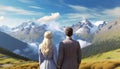 Man and Woman Backside with Warm Sky Backside Mountain, Together Concept Royalty Free Stock Photo