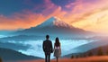 Man and Woman Backside with Warm Sky Backside Mountain, Together Concept, Looking, Together Royalty Free Stock Photo