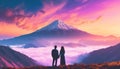 Man and Woman Backside with Warm Sky Backside Mountain, Together Concept, Looking, Together Royalty Free Stock Photo