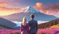 Man and Woman Backside with Warm Sky Backside Mountain, Together Concept Royalty Free Stock Photo