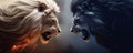 Duality versus concept art. Two lions facing each other in attack roar expression. White lion versus black lion Royalty Free Stock Photo