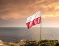 Poland flag waving on the background of the sea and sky. Royalty Free Stock Photo