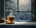 Cup of tea with anise and sugar on a windowsill Royalty Free Stock Photo