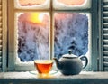 Cup of tea with anise and sugar on a windowsill Royalty Free Stock Photo