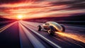 Hotrod muscle car speeding on a road towards burning orange sun setting sky Royalty Free Stock Photo
