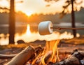 Candy camping. Marshmallow on a stick being roasted over a camping fire Royalty Free Stock Photo