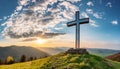 Dramatic Panorama Easter Sunday Morning Sunrise With Cross On Hill. Royalty Free Stock Photo