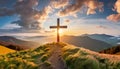 Dramatic Panorama Easter Sunday Morning Sunrise With Cross On Hill. Royalty Free Stock Photo