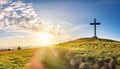 Dramatic Panorama Easter Sunday Morning Sunrise With Cross On Hill. Royalty Free Stock Photo