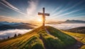 Dramatic Panorama Easter Sunday Morning Sunrise With Cross On Hill. Royalty Free Stock Photo