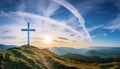 Dramatic Panorama Easter Sunday Morning Sunrise With Cross On Hill. Royalty Free Stock Photo