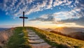 Dramatic Panorama Easter Sunday Morning Sunrise With Cross On Hill. Royalty Free Stock Photo
