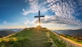 Dramatic Panorama Easter Sunday Morning Sunrise With Cross On Hill. Royalty Free Stock Photo
