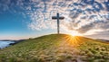 Dramatic Panorama Easter Sunday Morning Sunrise With Cross On Hill. Royalty Free Stock Photo