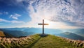Dramatic Panorama Easter Sunday Morning Sunrise With Cross On Hill. Royalty Free Stock Photo
