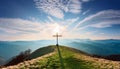 Dramatic Panorama Easter Sunday Morning Sunrise With Cross On Hill. Royalty Free Stock Photo