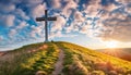 Dramatic Panorama Easter Sunday Morning Sunrise With Cross On Hill. Royalty Free Stock Photo