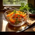 Dicing carrots in a glass bowl, top view. Carrots with knife and wooden spoon Royalty Free Stock Photo