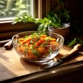 Dicing carrots in a glass bowl, top view. Carrots with knife and wooden spoon Royalty Free Stock Photo