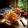 Dicing carrots in a glass bowl, top view. Carrots with knife and wooden spoon Royalty Free Stock Photo