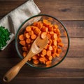 Dicing carrots in a glass bowl, top view. Carrots with knife and wooden spoon Royalty Free Stock Photo