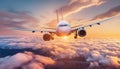 Flying airplane in sunset sky Royalty Free Stock Photo