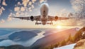Flying airplane in sunset sky Royalty Free Stock Photo